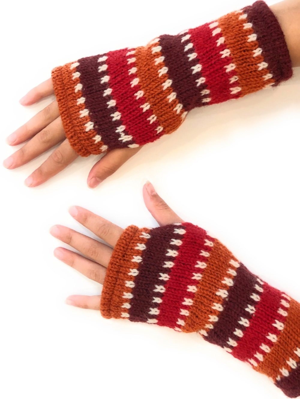 Hand knit Fingerless Wool Gloves Red Orange Stripe Arm Warmers Fleece Lined